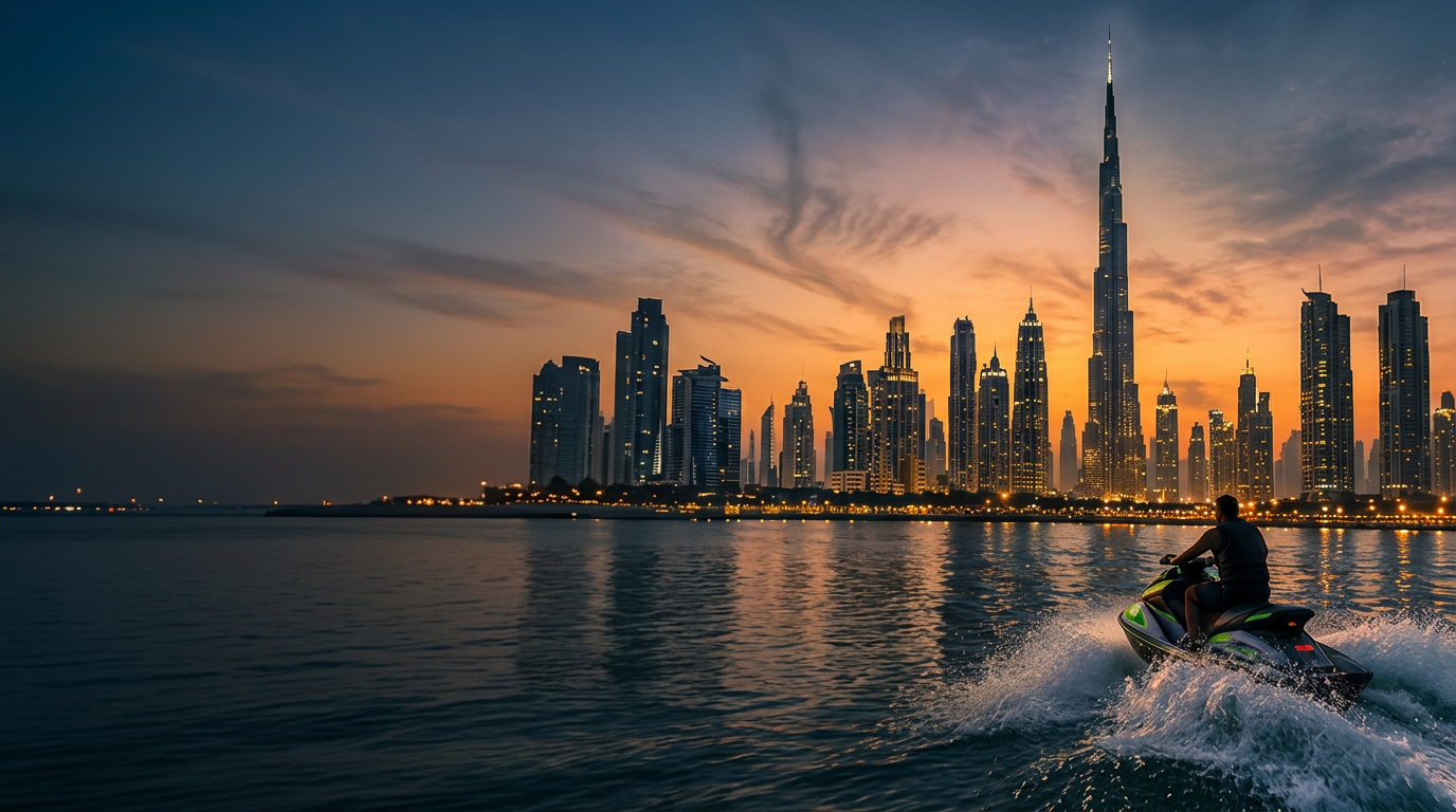 Jet ski in front of the Dubai skyline at dusk